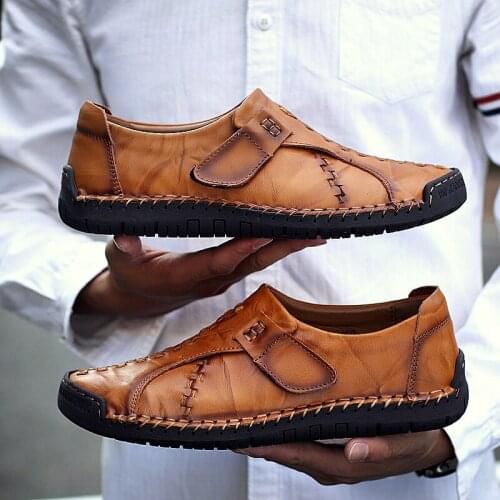 Big Size 2021 Spring Leather Mens Shoes Lace-up Man Outdoor Casual Shoes Thick Bottom Stitch Non-slip Male Shoes