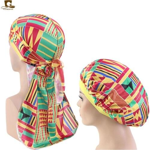 New Men African pattern print silky durag and bonnet 2pcs set women ankara bonnet cap Men Long Tail Durags Wave Cap Sleep Cap