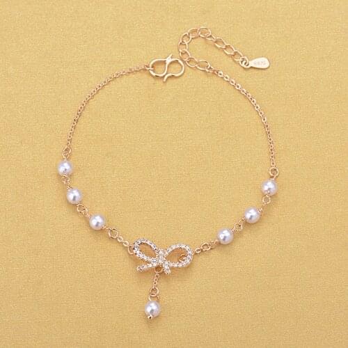 Rose Gold Champagne Chain Pearl Beads Bracelets Rhinestone Bowknot Charm Bracelets Jewelry For Gift