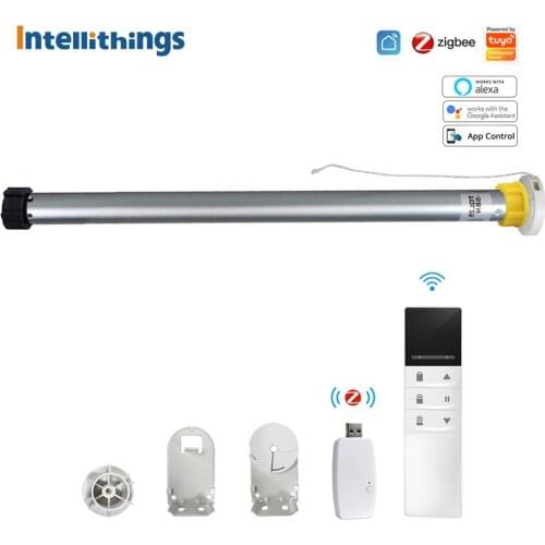 Intellithings Zigbee Tuya Smart Roller Shade Blind Motor for 38mm Tube with USB Dongle Timer Remote Control Alexa Google home