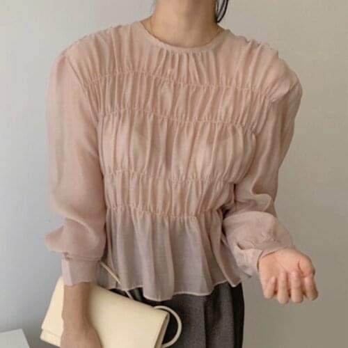 Vadim Rushed Polyester Microfiber Regular O-neck None Shein Womens Shirt 2020 New Lotus Round Neck Pleated Design Loose Women