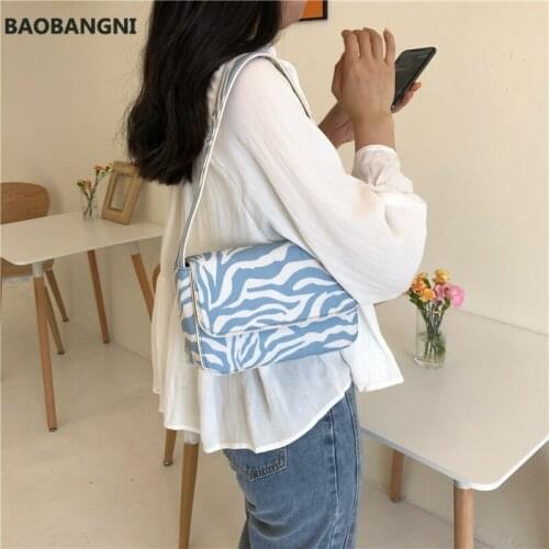 Vintage Design Women Canvas Baguette Handbags Blue Zebra Pattern Ladies Shoulder Bags Fashion Female Small Tote Clutch Purse