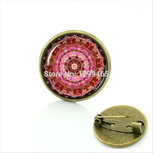 Meditation Buddhist religion Mandala Brooch Antique bronze plated art picture Glass cabochon dome Pins For her,him C394