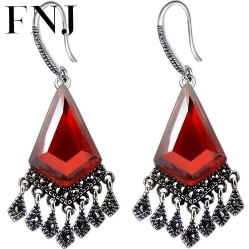 FNJ 925 Silver Earrings Original S925 Sterling Silver Drop Earring for Women Jewelry Green Agate Red Zircon Tassel