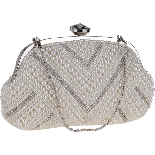 Beaded Pearl Women Evening Bags Vintage Embroidery Small Pearl Day Clutch Shoulder Chain Handbags Rhinestones Purse