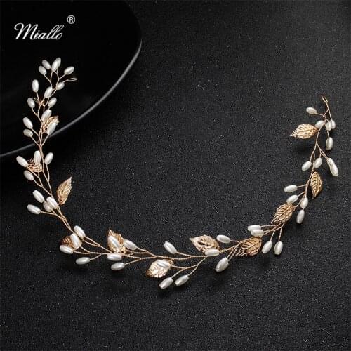Miallo Newest Gold Color Alloy Leaf Pearls Headband Crown Wedding Hair Vine Jewelry Accessories Headpieces Tiaras for Women