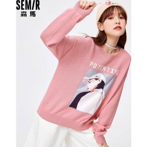 SEMIR Sweater Women Loose Cartoon Printing Embroidered Sweater 2021 New Spring Coat Drop Shoulder Sleeves