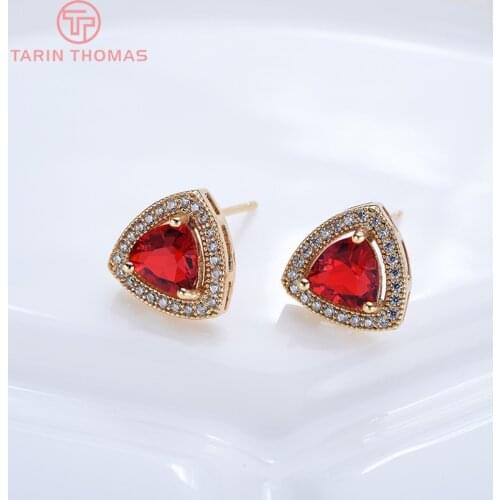 2PCS 11MM 24K Gold Color Brass with Red Zircon Triangle Stud Earrings High Quality Diy Jewelry Findings Accessories