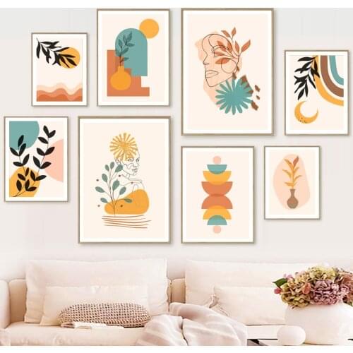 Abstract Sun Moon Vase Leaves Line Girl Wall Art Canvas Painting Nordic Posters And Prints Wall Pictures For Living Room Decor