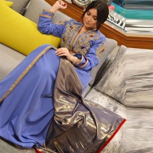 Lavender Appliques Moroccan Kaftan Evening Dresses Luxury Crystal Beading Saudi Arabic Muslim Prom Party Dress Custom Made