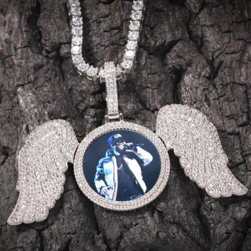 Solid Back Wings Round Memory Picture Photo Pendant Tennis Necklace Micro Pave Charm Men and Women Hip hop Rock Jewelry