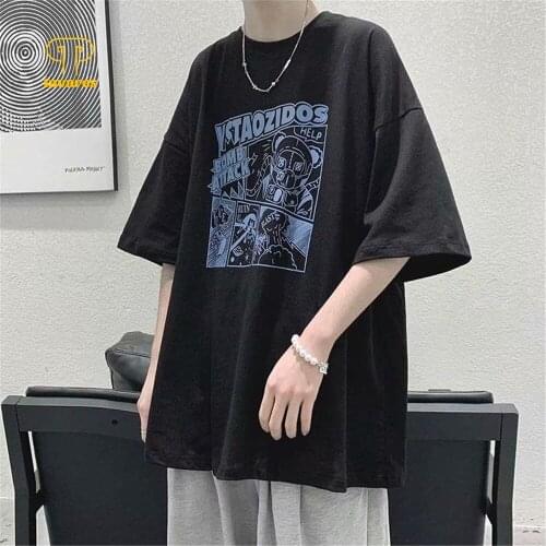 TAVARES Men Short Sleeve Cartoon Anime Round Neck Men Summer Casual Cotton Simple T-shirt Breathable Loose Clothes Round Neck