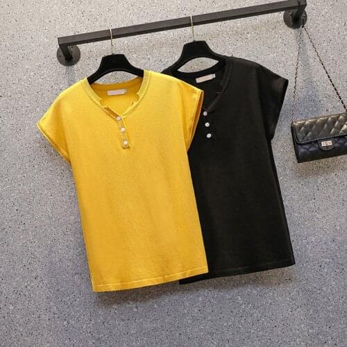 M-4XL plus size women Summer thin kint pullover 2021 short sleeve v neck button loose casual Oversized sweater female jumper