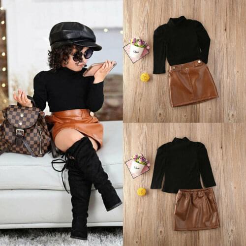 1-5Y Fashion Infant Baby Girls Clothes Sets Turtleneck Sweater Tops + Leather Skirt Outfit Clothes 2PCS