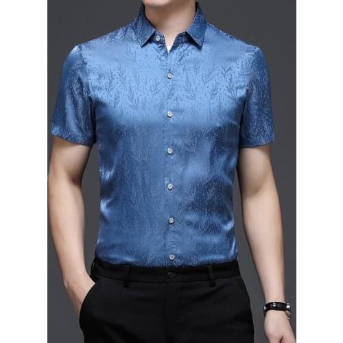 New Arrival 2021 Mens Silk Shirts Summer Fashion Striped Soft Silk Clothes Male Short Sleeve Smooth Dress Shirts