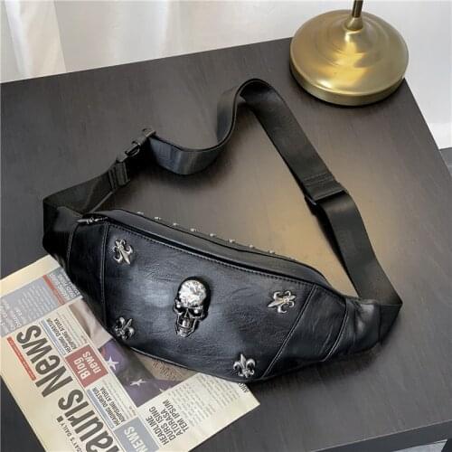 Mihaivina Mens Skull Chest Bag Rivet Fanny Pack Women Waist Belt Bags Pu Leather Sports Bag Individual Shoulder Messenger Bags