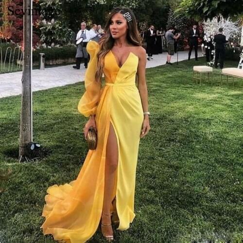 Sevintage One Shoulder Puffy Long Sleeve Prom Dresses V-Neck Slit Side Evening Gowns Women Formal Dress abendkleider