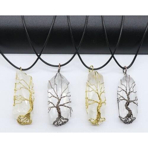 Natural Crystal Pillar Big Pendants Antique Copper Wire Wrapped Tree of Life Quartz Pendant Necklace for Women Men Stone Jewelry