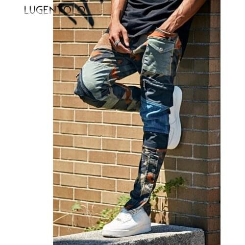 Straight Jeans Men Hole Camouflage Print Skinny zipper Fashion Casual Trousers Mens Street Ripped Mid Waist Jeans Lugentolo