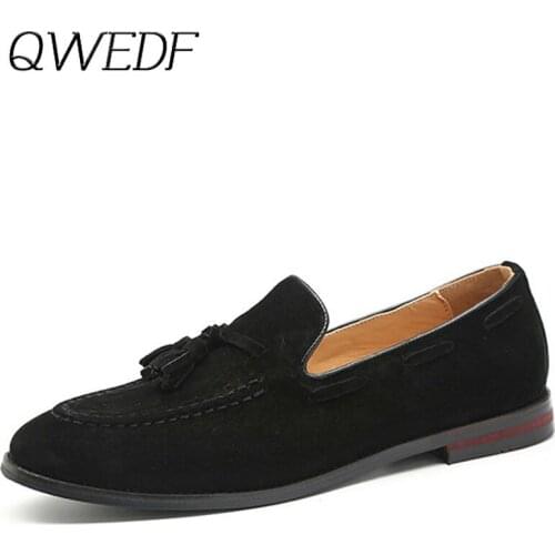 QWEDF 2019 Tassel Fringe Cow Suede Mens Shoes Casual Big Sizes Pointed Toe Slip On Shoes Men Loafers Boat Men Shoes Luxury F4-68