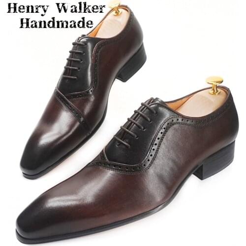 Elegant Formal Shoes Genuine Leather Lace Up Pointed Black Brown Mens Dress Shoes Office Business Wedding Oxford Shoes For Men