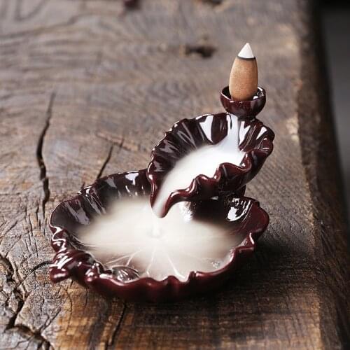 Creative Home Decorations Chinese Style Ceramics Lotus Shape Backflow Incense Burner Incense Cense With Gift 20Pcs Incense Cones