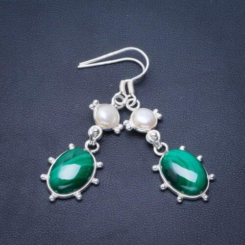 Natural Malachite and River Pearl Handmade Unique 925 Sterling Silver Earrings 2" B2283