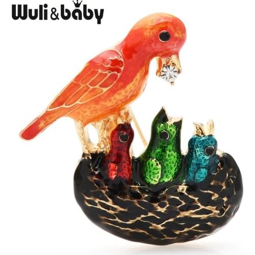 Wuli&baby New Feeding Baby Bird Brooches Women Unisex 4-color Enamel Birds Casual Party Brooch Pins Gifts