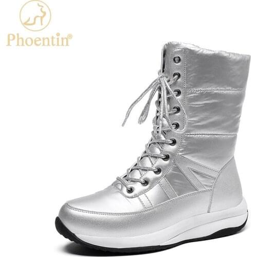 Phoentin 2021 Winter warm fashion waterproof down boots for women mid calf wedged shoes Russia snow boots plus size 44 FT1722