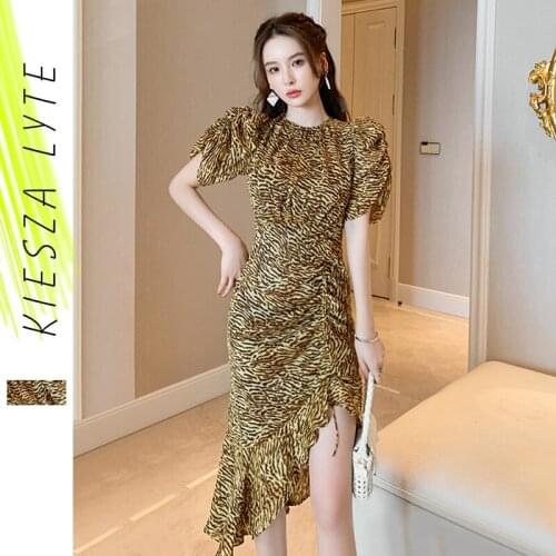 Women Party Club Dresses Bubble Sleeves Leopard Print Drawstring Irregular Dress Feminine Fashion Clothing