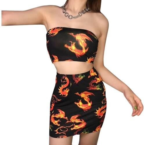 Womens Chinese Style Printed Wrapped Top Tight Skirt 2 Piece Set