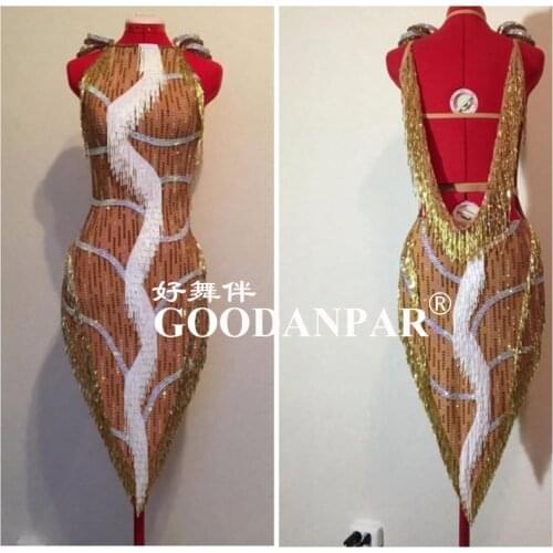 2021 beads tube fringes new Latin dance dress sexy salsa dress costume color women comptition dancewear ladies dresses gold