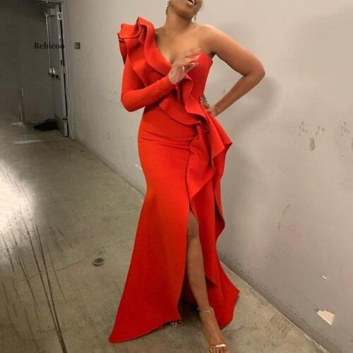 African Style Elegant Party Sexy Evening Women Long Dresses One Shoulder Bodycon Split Female Ruffles Maxi Red Dress Plus Size