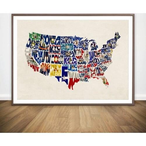 United States Typography Map with Flags of States Wall Art Paint Decor Canvas Prints Canvas Art Poster Oil Paintings No Frame