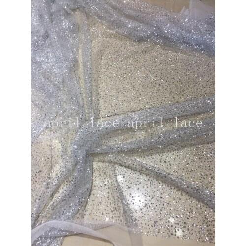 10 yards/bag BZ1002 offwhite mesh silver sequin dobby dot hand print glued glitter net mesh lace for sawing/lady dress