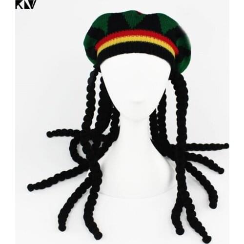 KLV Men Women Novelty Dreadlocks Wig Hat Reggae Jamaican Style Crocheted Knitted Beanies Long Black Hair Halloween Beret Cap