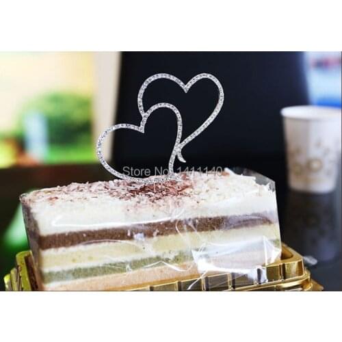 Free shipping 5pcs/ lot Diamante Rhinestone Double Love Heart Cake Topper Wedding Anniversary Decor New