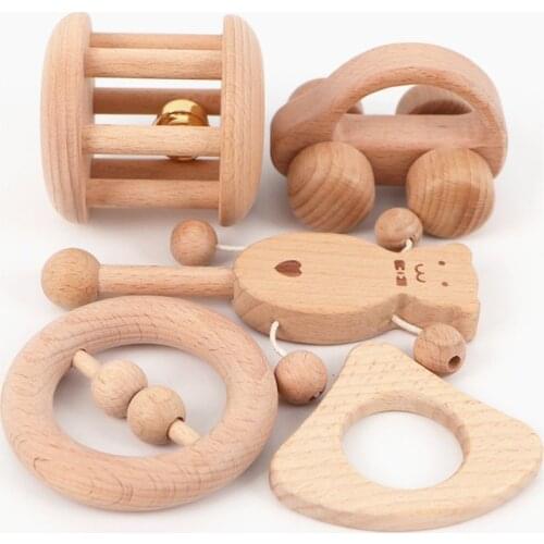 No Paint Nursing Wooden Teether Wooden Rattles Baby Toys Puzzle Toys Newborn Toddler Infant Gift Y4QA