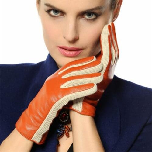2018 Two Tone Female Glove With Long Fleece Lining Womens Lambskin Genuine Leather Gloves Special Offer Free Shipping L131NC