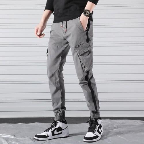 Mens Joggers With Side Pockets Skinny Hip Hop Pants Mens Striped Pencil Cargo Pants Men Slim Fit Trousers Cotton Casual Pants