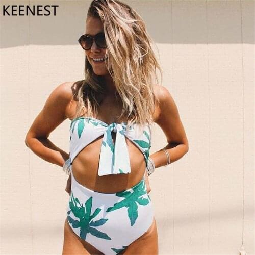 KEENEST Hollow Cut Out One Piece Swimsuit Print Swimwear 2018 Women Push Up Swim Suit Bandeau Monokini Bathing Suit Trikini
