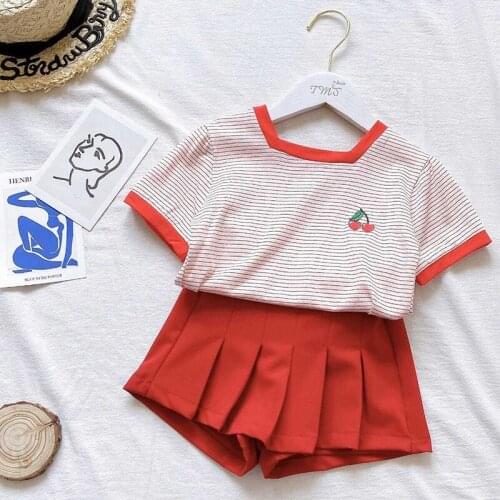 Summer Girls Clothes Set Kids Girls Pink Striped T-shirt Tops Girls Red Skirts Pants 2Pcs Baby Girls Outfits Children Clothing