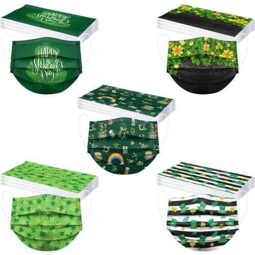 Ski Fasemask 10-50pcs St. Patrick' Day Adult Disposable Face Mask Clover Printed 3ply Filters Mascarillas Desechables Balaclava