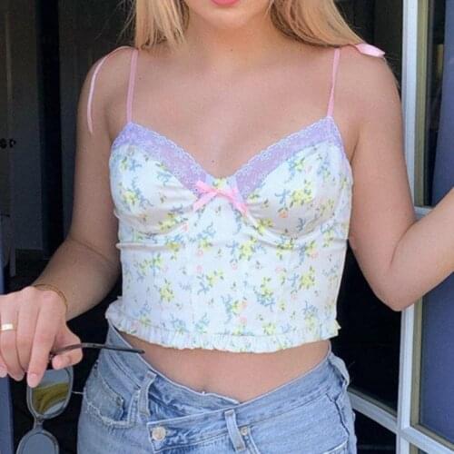 Musuos Women Summer Camisoles Sling Straps Printing Flower Lace Vest Tanks Ruched Slim Backless Casual Crop top Beach Streetwear