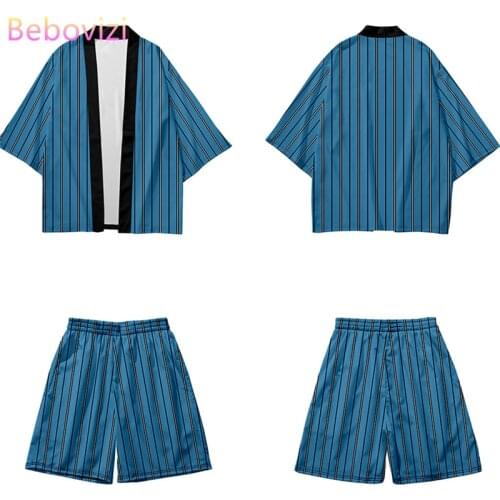 Fashion Stripe Print Cardigan Harajuku Kimono Shorts Sets Two-piece Suit Yukata Casual Japanese Cosplay Women Men Haori Anime