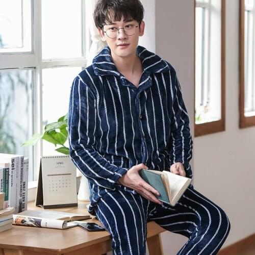 Mens Winter Flannel Thicken Pajamas Long Sleeve Pijamas Sets Male Plus Size Sleep Clothing Casual Nightie Sleepwear Man Pyjamas