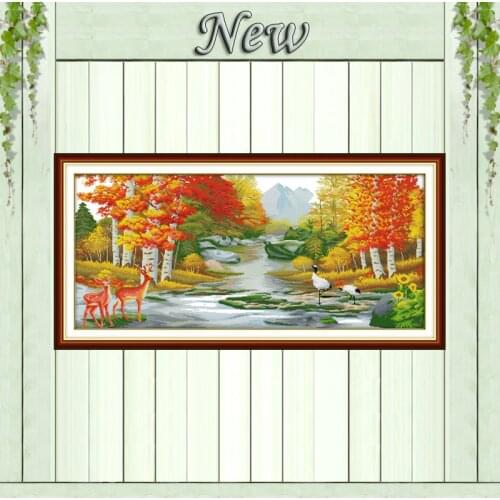 Sika deer crane river forest scenery painting Counted print on canvas DMC 14CT 11CT Cross Stitch Needlework kits Embroidery Sets
