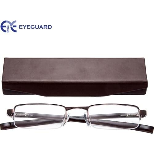 EYEGUARD Half Metal Frame Mini Size Lens Reading Glasses Readers Unisex with Hard Case Brown
