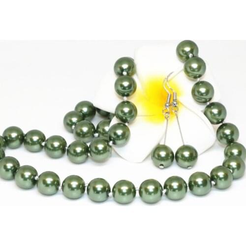 Original design high grade women gifts 10mm green necklace earrings set simulated-pearl shell round beads jewelry 18inch B2341