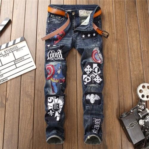 Autumn Winter Fashion Mens Jeans Frayed Embroidered Pen Pants Patchwork Stretch Trousers Motorcycle Hip Hop Denim Blue